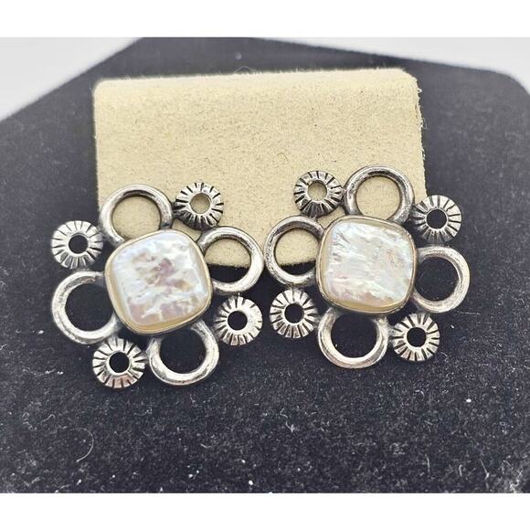 cfj Jewelry - Vintage Sterling Silver and Mother of Pearl Cabochon CFJ 925 Pierced Earrings